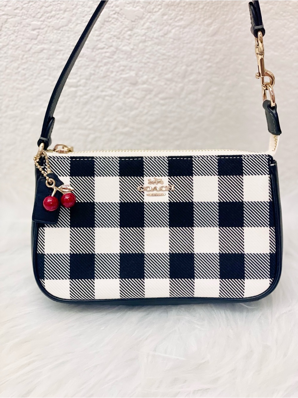 NWT Coach Nolita 19 With Gingham Print And Cherry Charm CEN01 Gold/Black Multi